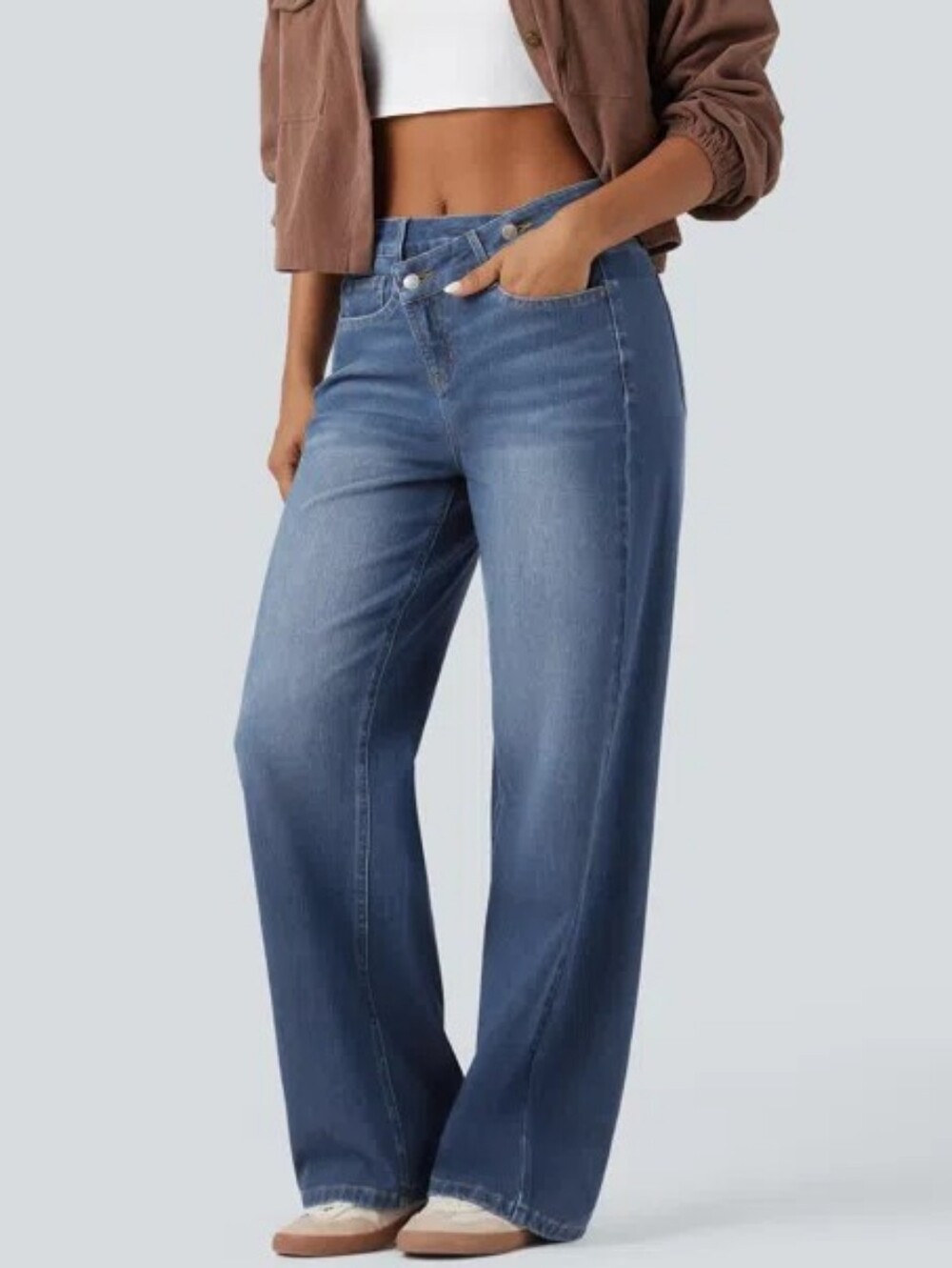 Halara Flex™ Asymmetric High Waisted Washed Casual Baggy Jeans with Pockets